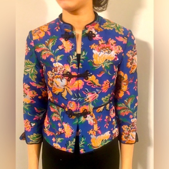 ZARA Floral Brocade Oriental Crop Mandarin Collar Frog Closures Jacket Size XS - Picture 2 of 6